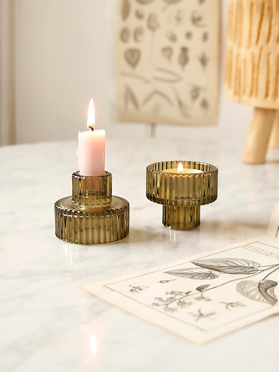 Olive Two Way Ribbed Glass Candleholder