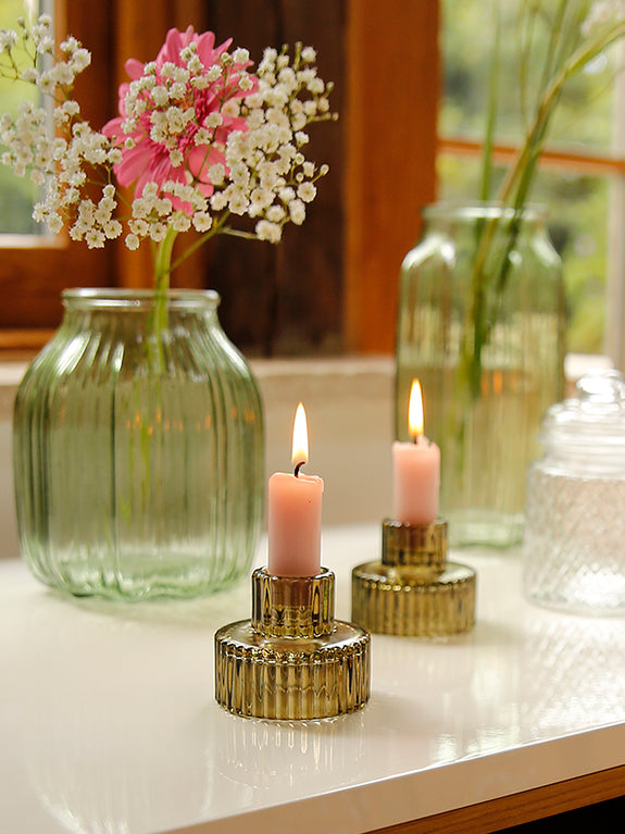 Two Way Coloured Ribbed Glass Candleholder