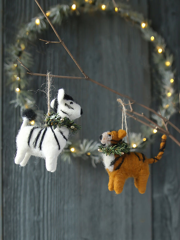 Felt Zebra And Tiger With Wreath Tree Decoration