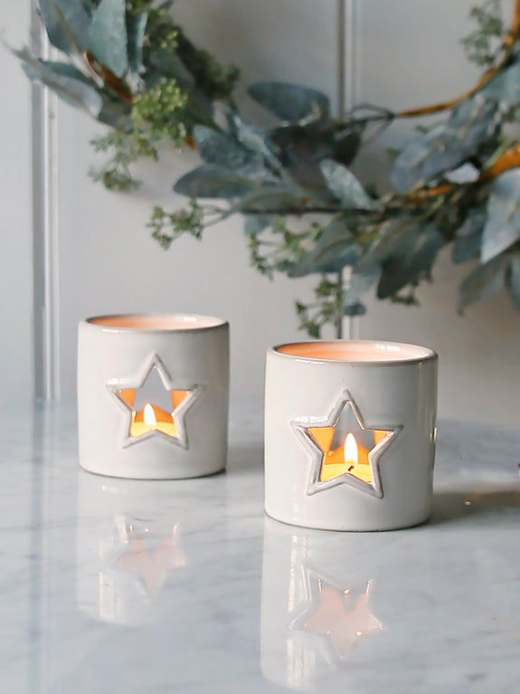 Glazed White Star Ceramic Tealight Holder