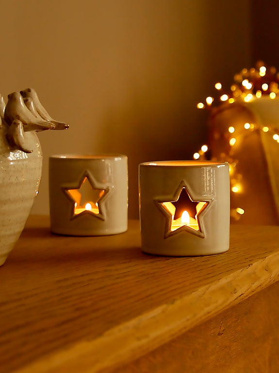 Glazed White Star Ceramic Tealight Holder