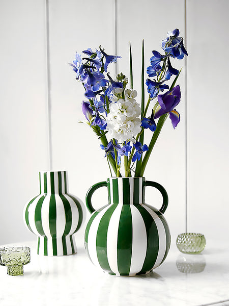 Green And White Stripe Ceramic Vase