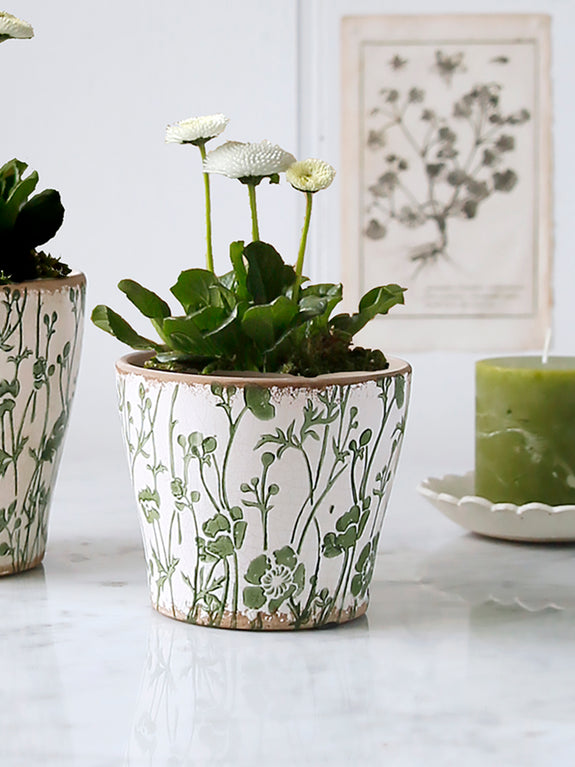 Green And White Floral Patterned Plant Pot