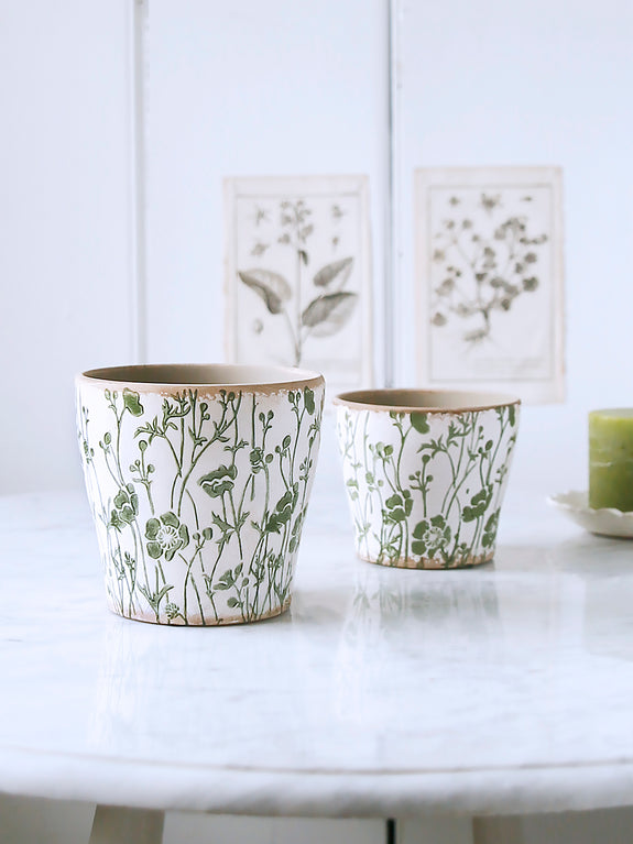 Green And White Floral Patterned Plant Pot