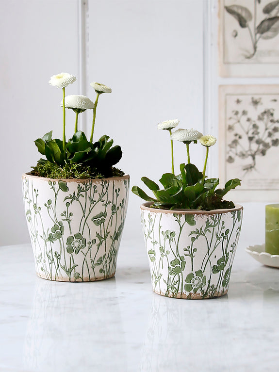 Green And White Floral Patterned Plant Pot