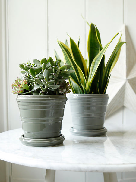 Lined Glazed Ceramic Pot With Saucer