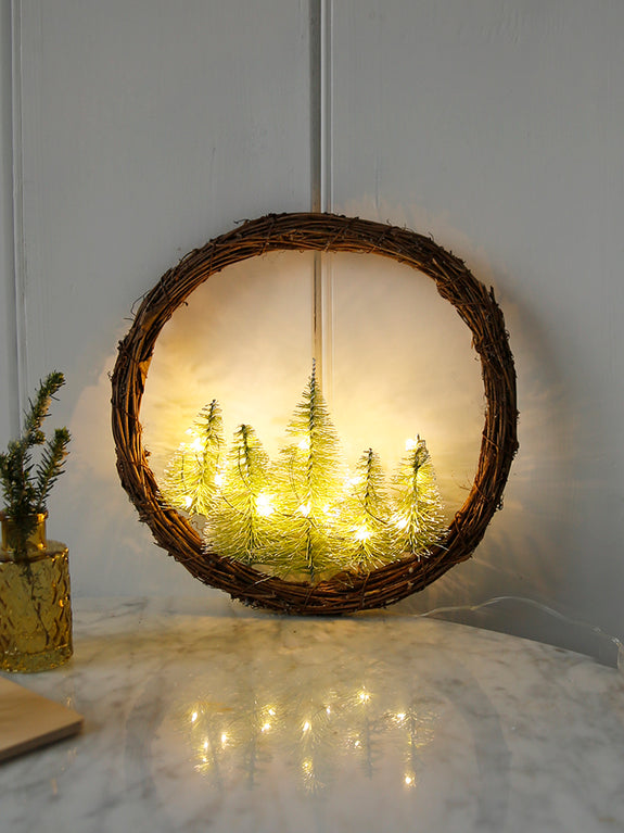 Little Wicker Wreath with Illuminated Trees