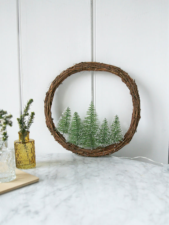 Little Wicker Wreath with Illuminated Trees