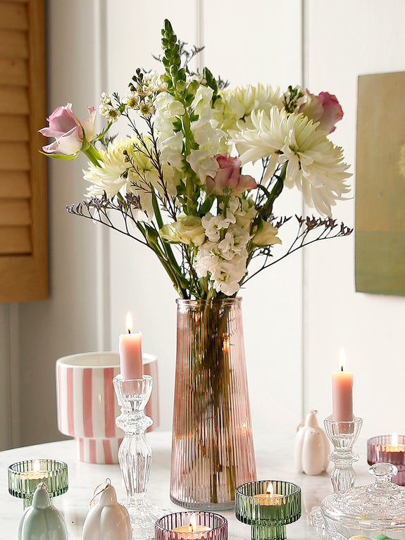 Pink Ribbed Glass Bouquet Vase