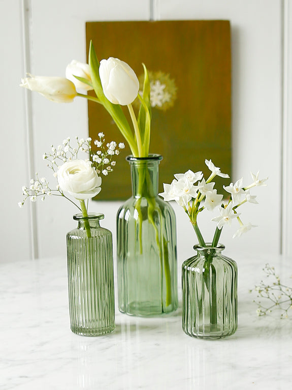 Set Of Three Forest Green Lined Glass Vases