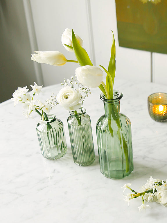 Set Of Three Forest Green Lined Glass Vases