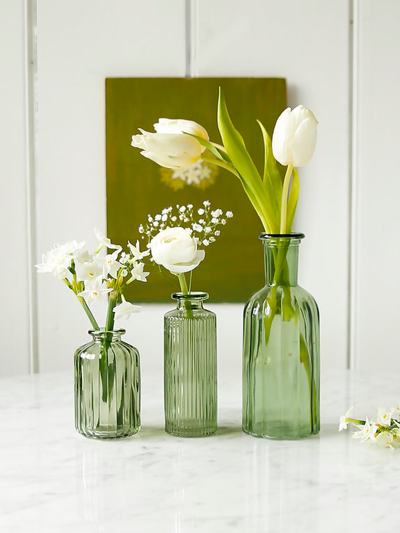 Set Of Three Forest Green Lined Glass Vases