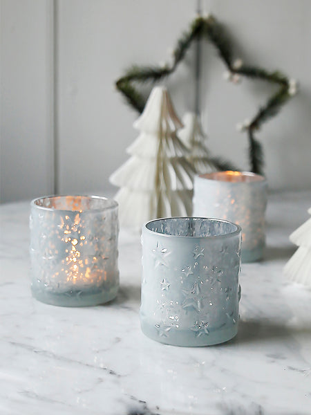 Pearlised White Embossed Star Tealight