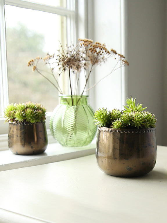 Green Embossed Leaves Glass Vase