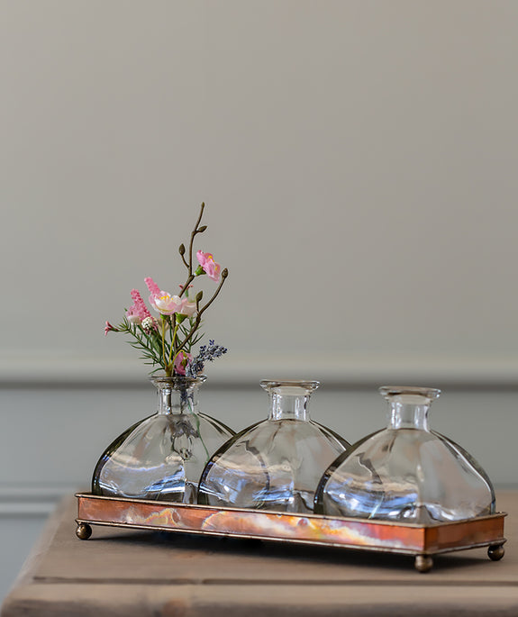 Glass Bottle Vase Trio On Tray