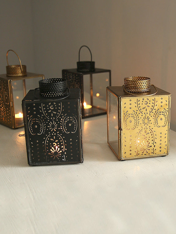 Black Patterned Metal Tea Light Lantern