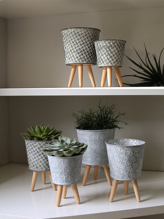 Patterned Metal Planter On Wooden Legs