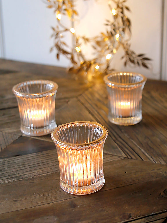Ribbed Glass Tealight With Gold Rim