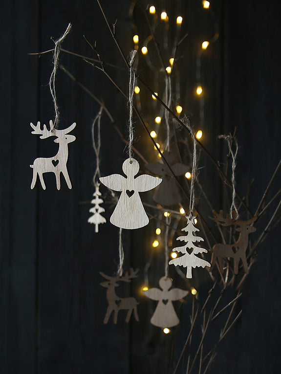 Wooden Angel, Tree And Reindeer Decoration Set Of Nine