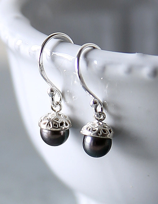 Dark Pearl Silver Acorn Earrings